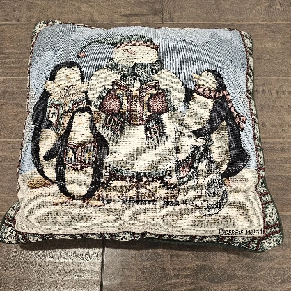 Vintage Debbie Mumm Tapestry Pillow with a Snowman, Pup, & Penguin Carolers